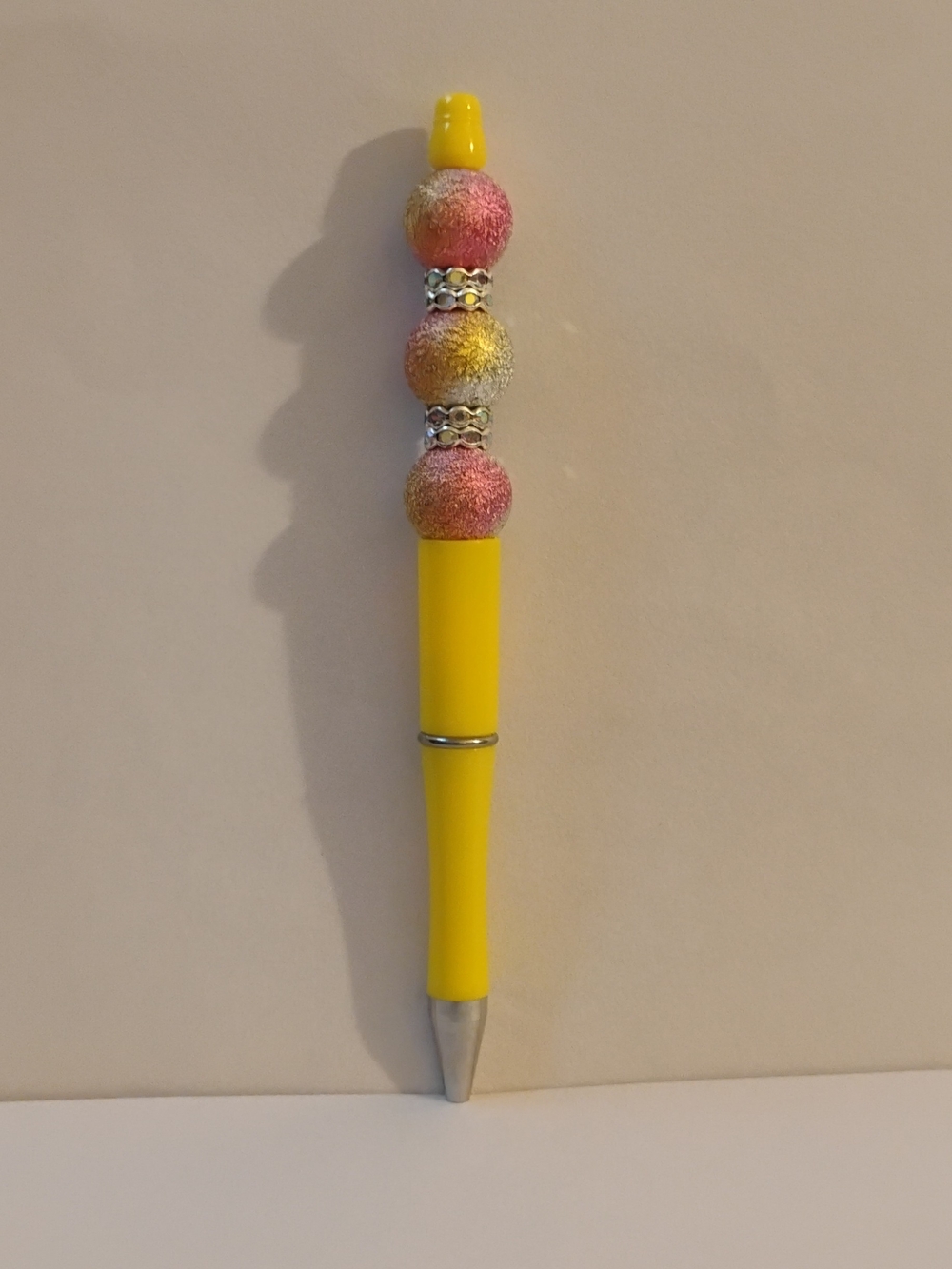 HAND-Crafted Yellow Decorative Beaded Ballpoint Pen - Cute Pink and Gold Accents